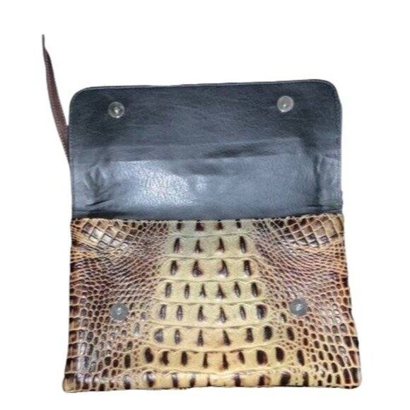 Due Fratelli Genuine Leather Crocodile Pattern Crossbody Purse Brown/Beige Snap - Picture 4 of 8